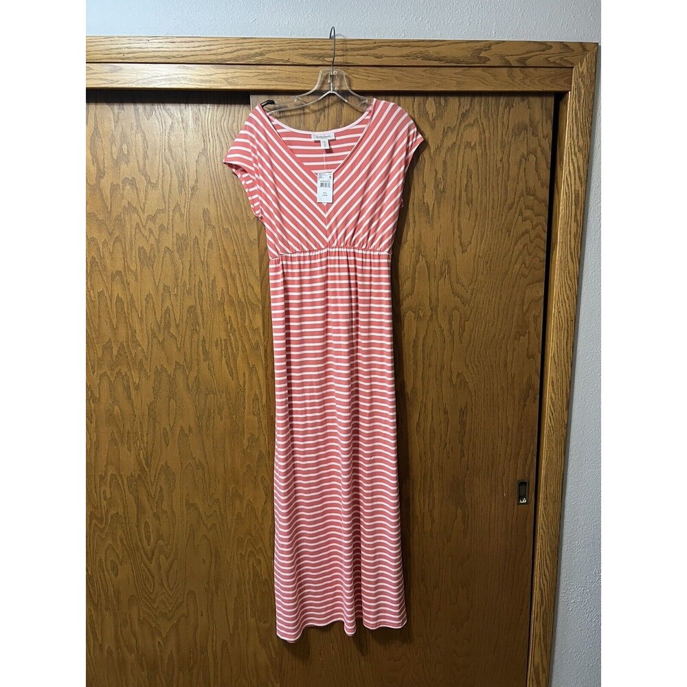 Motherhood Maternity Dress Striped Ribbed White & Pink Coral Dress Size S Small